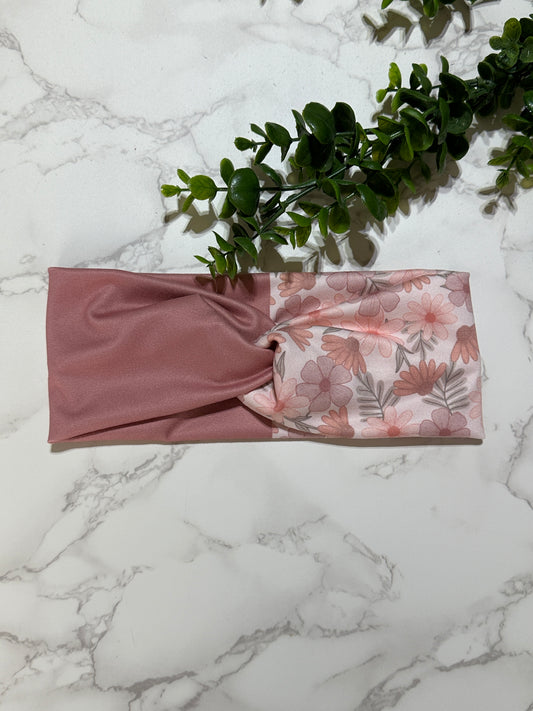 Two Tone Pink Flowers Twist Headband