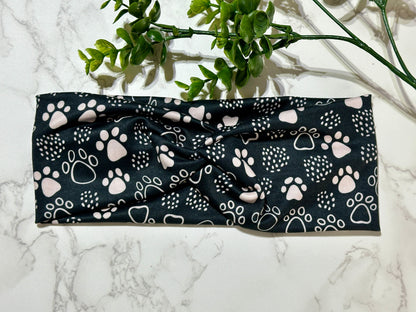 Paw prints on black twist headband