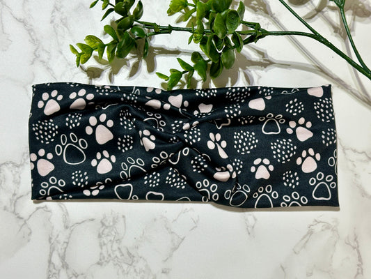 Paw prints on black twist headband