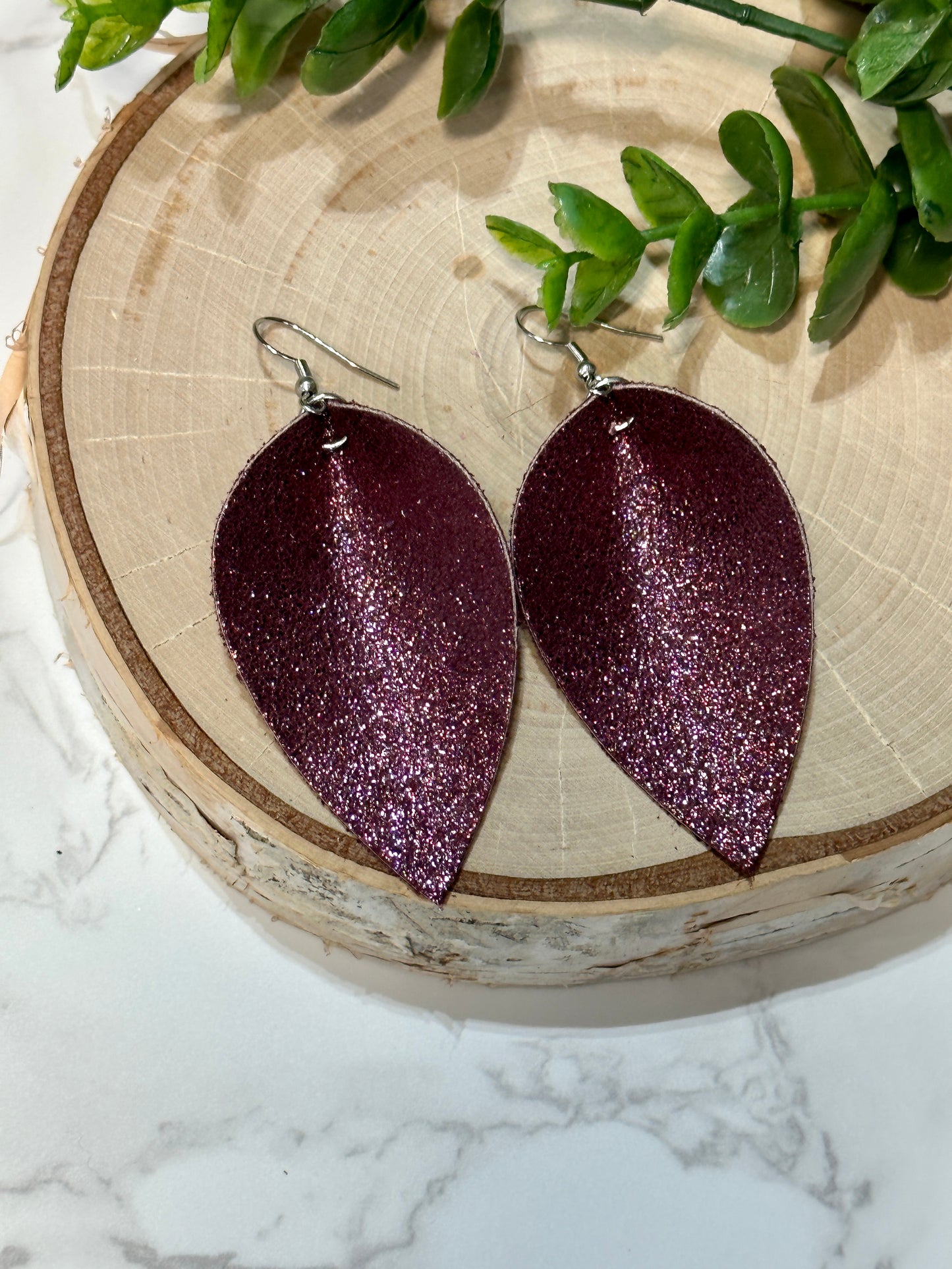 Burgundy Sparkle Pinched Leaf Earrings