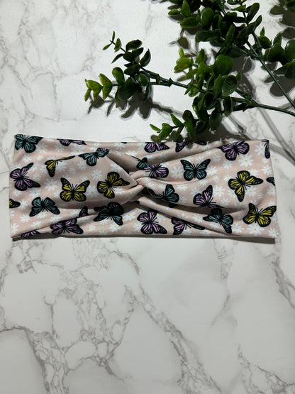Butterflies/Flowers on Pink Twist Headband