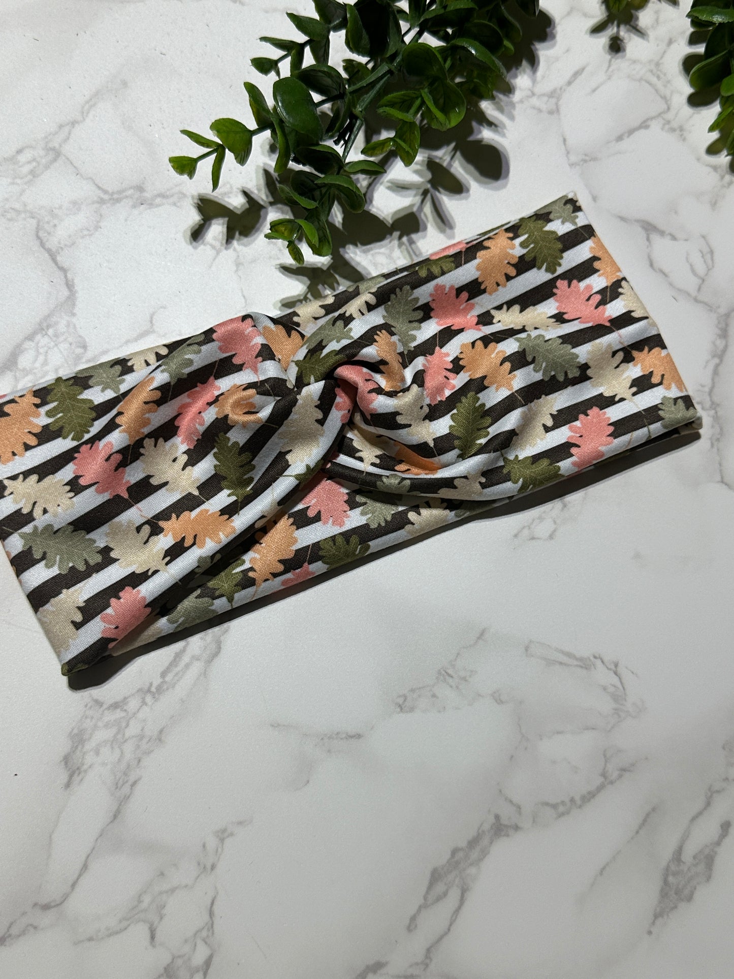 Fall Leaves on Stripes Twist Headband