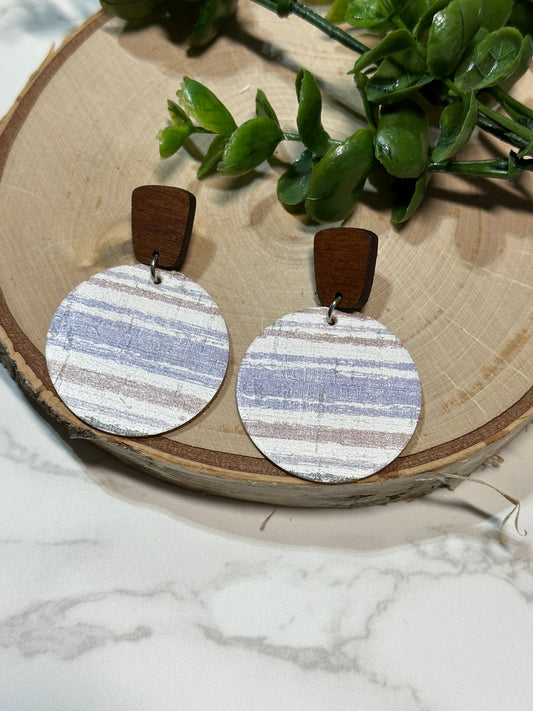Ocean Blue Striped Circle/Wooden Post Earrings