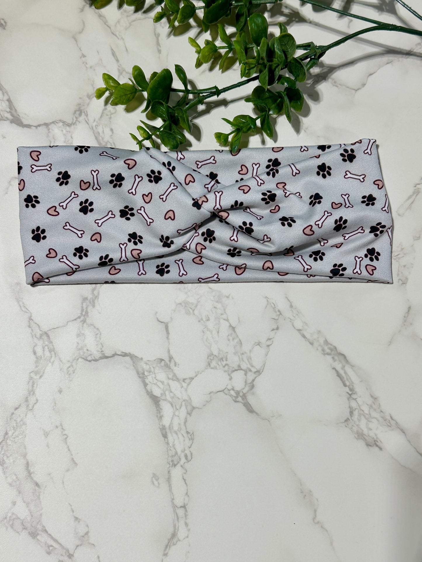 Paw Prints and Bones on Light Blue Gray Twist Headband