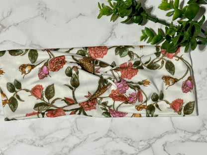 Vintage Flowers on Ivory Twist Headband