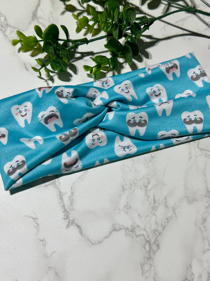 Playful Teeth on Blue Twist Headband