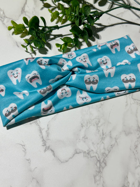 Playful Teeth on Blue Twist Headband