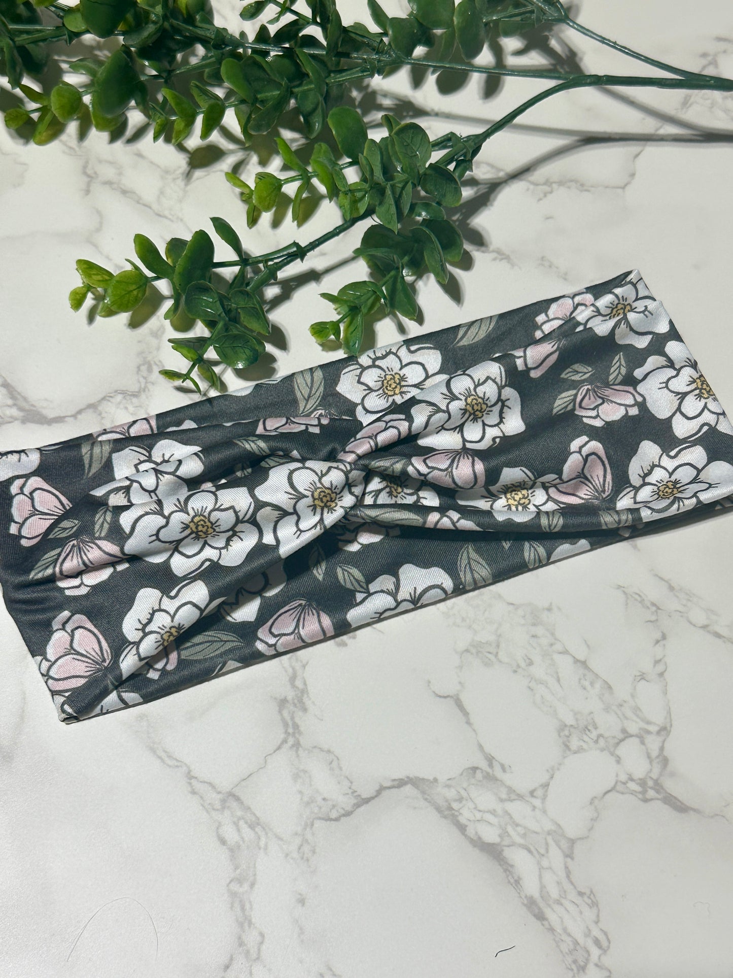 White/Pink Flowers on Dark Background Twist Headband