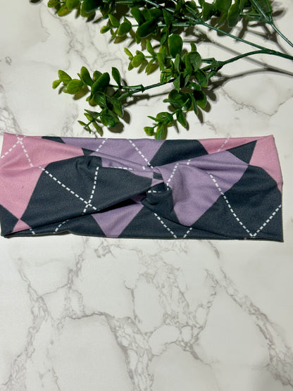 Pink, Purple, Gray Argyle Twist Headband