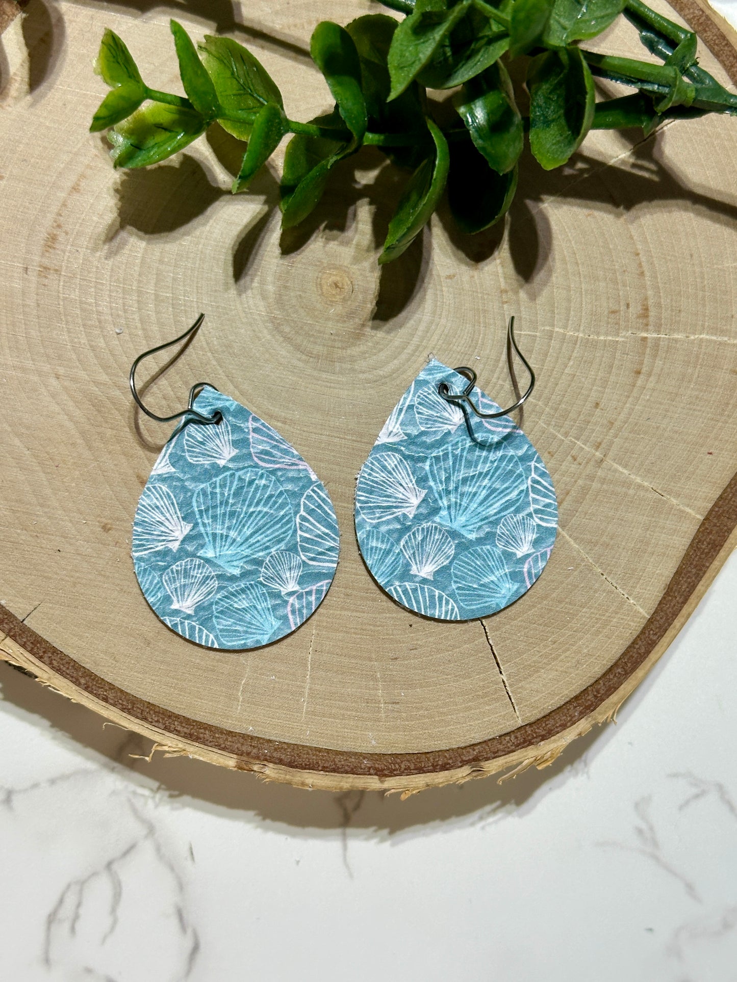 Small Teardrop Earrings - Shells on Blue
