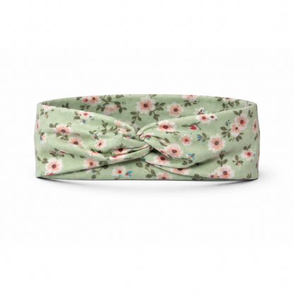 Pink Flowers on Light Sage Twist Headband