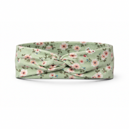 Pink Flowers on Light Sage Twist Headband