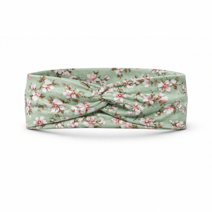 Pink/White Flowers on Green Twist Headband