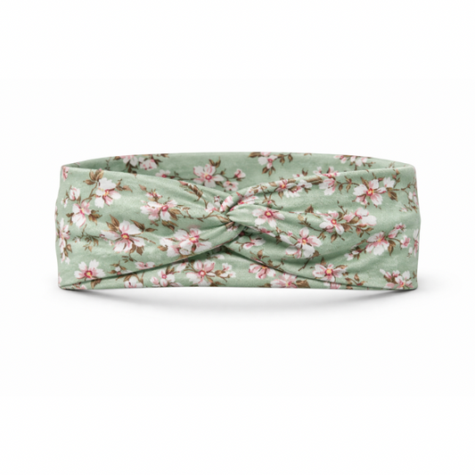 Pink/White Flowers on Green Twist Headband