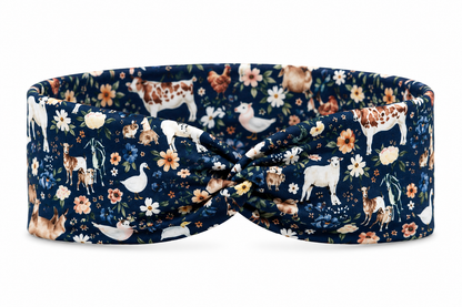 Floral Farm Animals on Navy Twist Headband