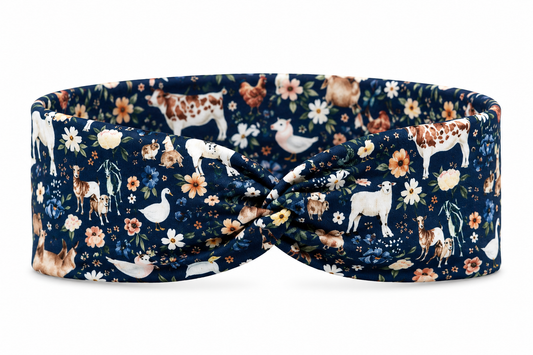 Floral Farm Animals on Navy Twist Headband