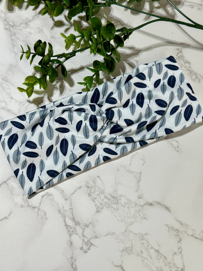 Blue Gray Leaves on White Twist Headband