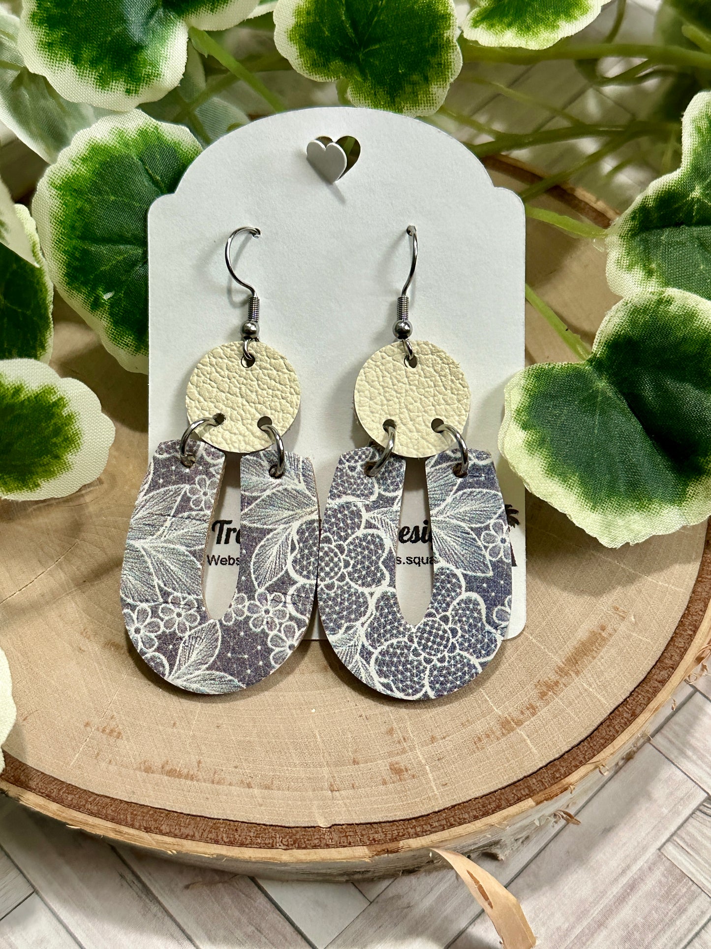 "U" Earrings - White Lacelike Floral on Blue