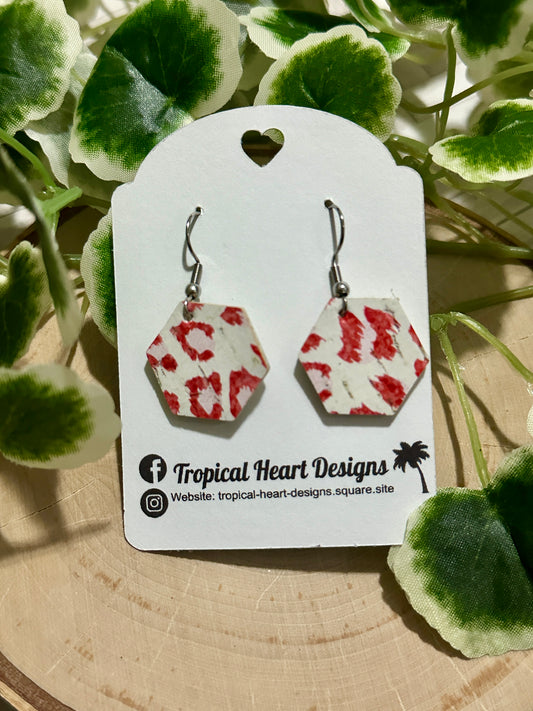 Small Hexagon Earrings - Red/White Leopard
