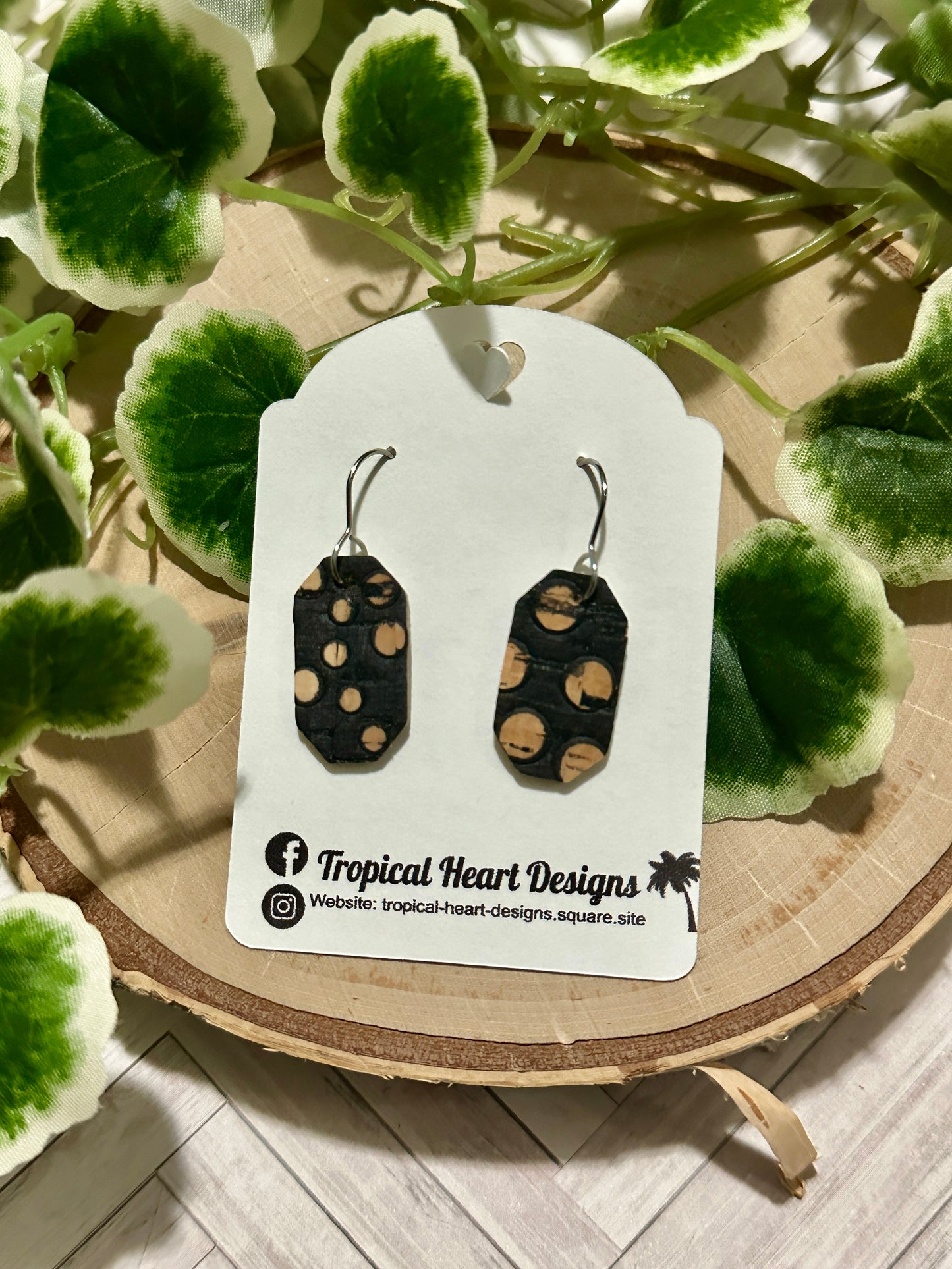 Mini Long Hexagon Earrings - Brown Spots on Black