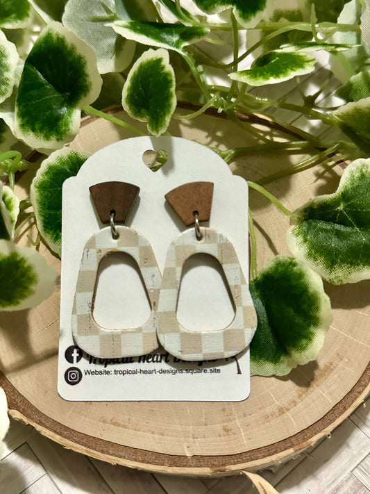 Open Rounded Triangle/Connector Earrings - Neutral Checkered