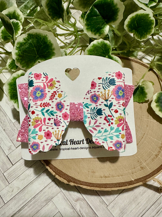 Pink Flowers on Pink Glitter Hairbow