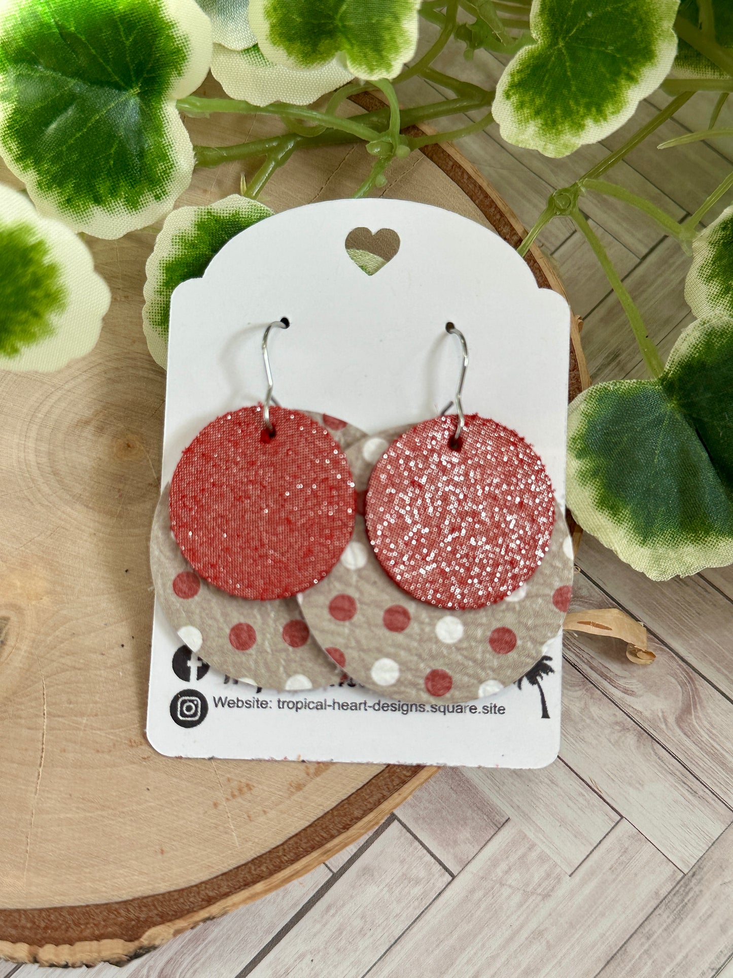 Double Circle Earrings - Red Dots
