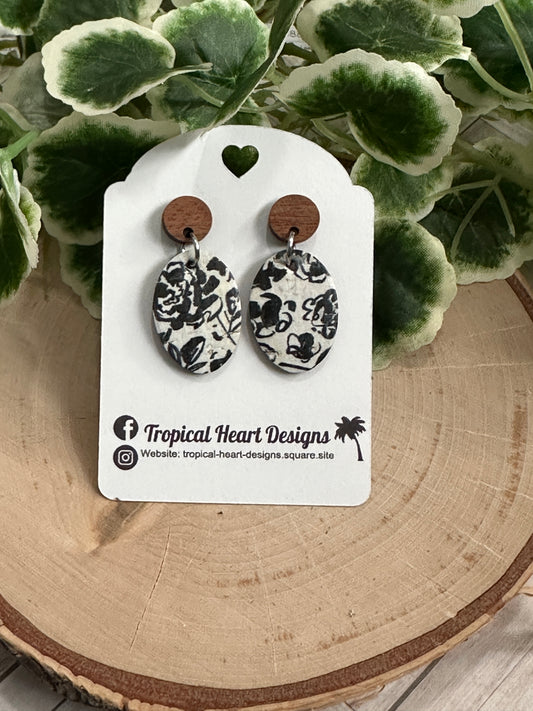 Small Oval/Connector Earrings - Black Floral