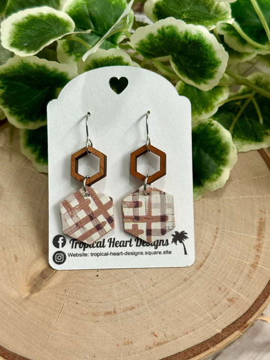 Hexagon/Connector Earrings - Neutral Plaid