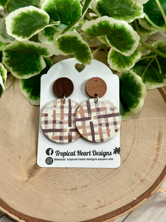 Circle/Connector Earrings - Neutral Plaid