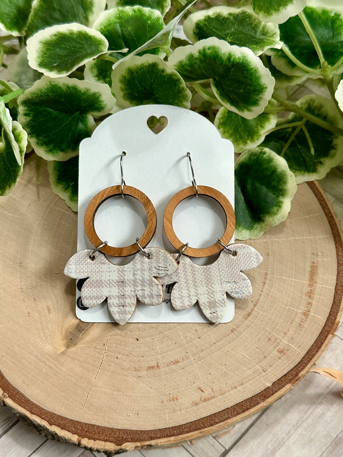 Taupe Plaid Half Flower/Wooden Circle Earrings