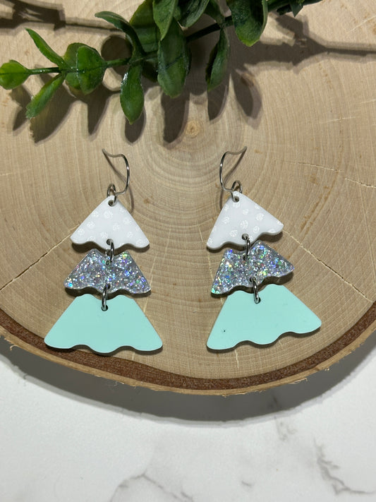 Mint, Silver, White Layered Tree Earrings
