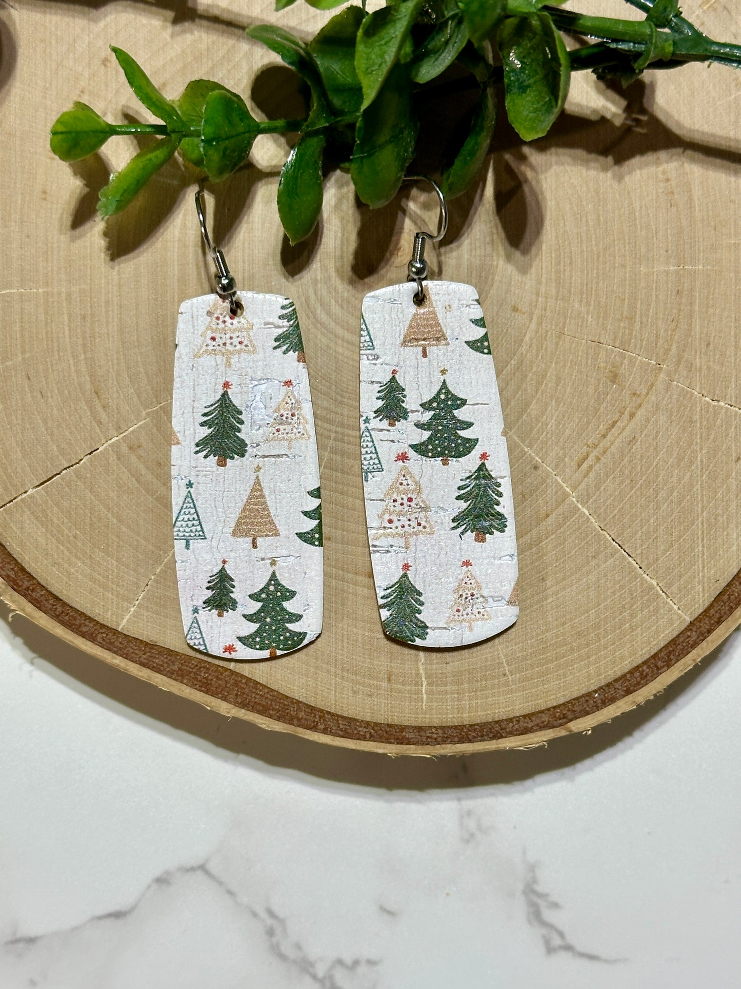 Bar Earrings - Green/Neutral Trees