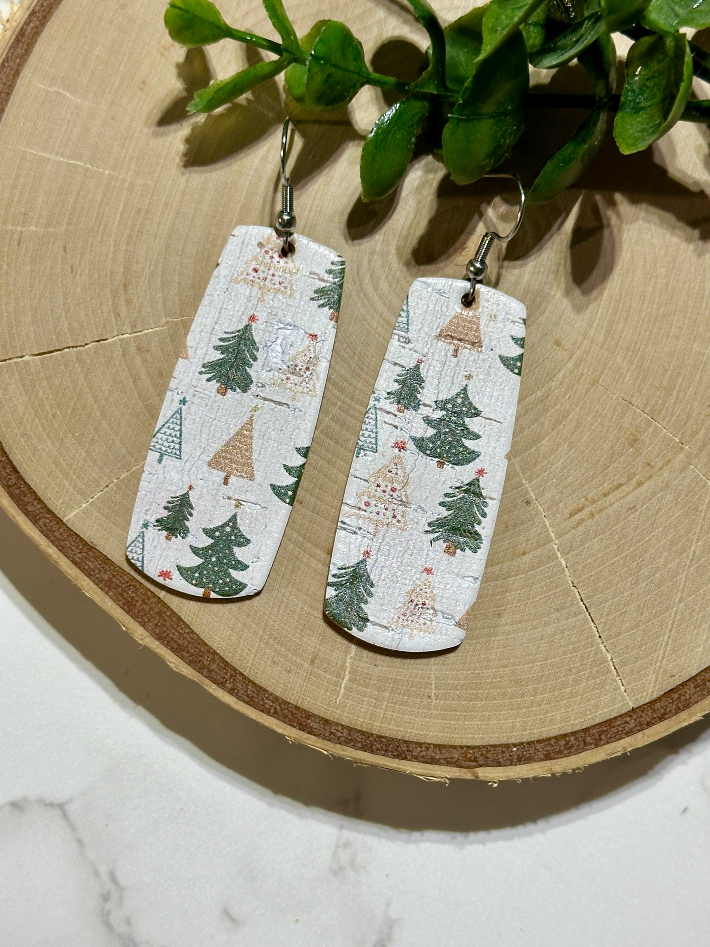 Bar Earrings - Green/Neutral Trees