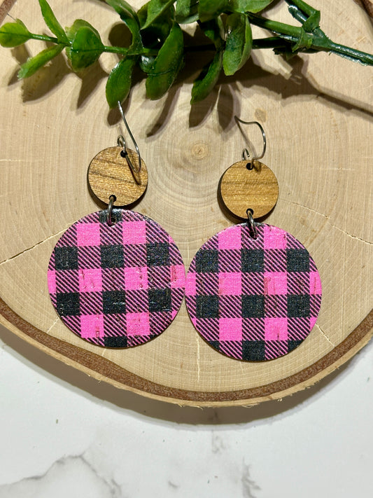 Circle/Connector Earrings - Pink/Black Plaid