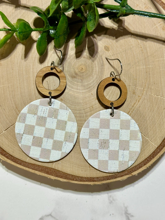 Circle/Connector Earrings - Neutral Checkered