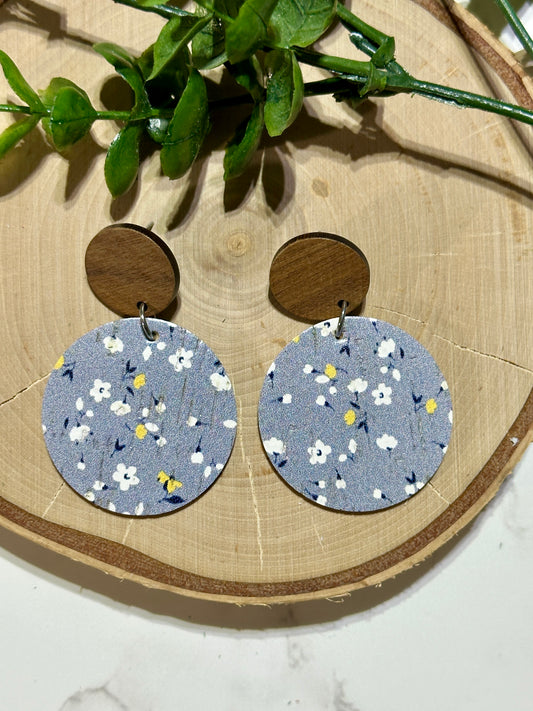 Circle/Connector Earrings - Floral on Blue
