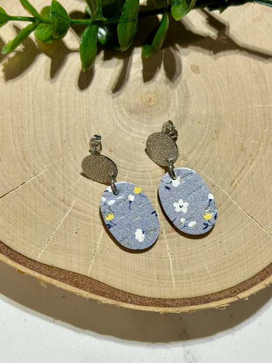 Small Oval/Connector Earrings - Floral on Blue