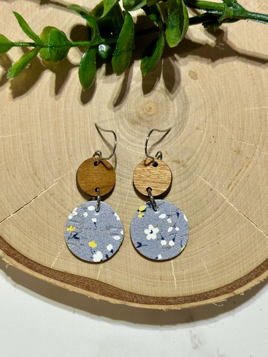 Small Circle/Connector Earrings - Floral on Blue
