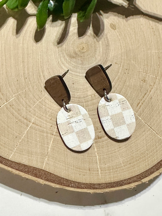 Mini Oval/Connector Earrings - Neutral Checkered