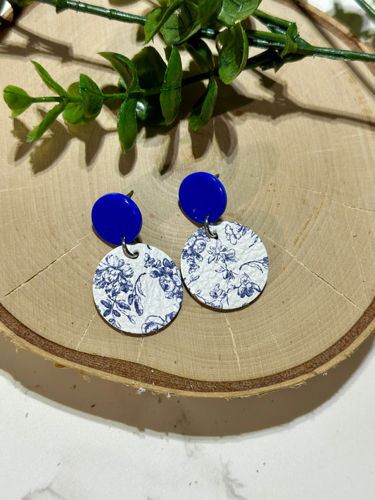 Circle/Connector Earrings - Blue Winter Floral