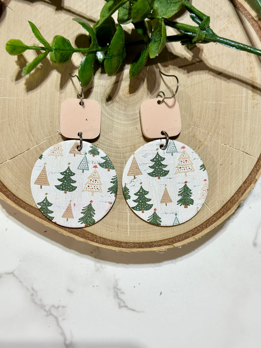 Circle/Connector Earrings - Green/Neutral Trees