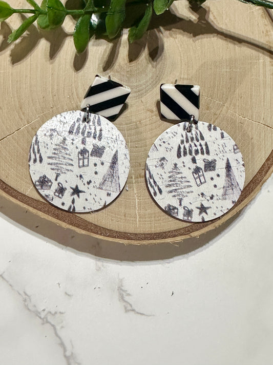 Circle/Connector Earrings - Black/White Trees
