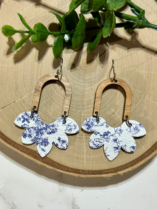 Half Flower/Arch Earrings - Blue Winter Floral