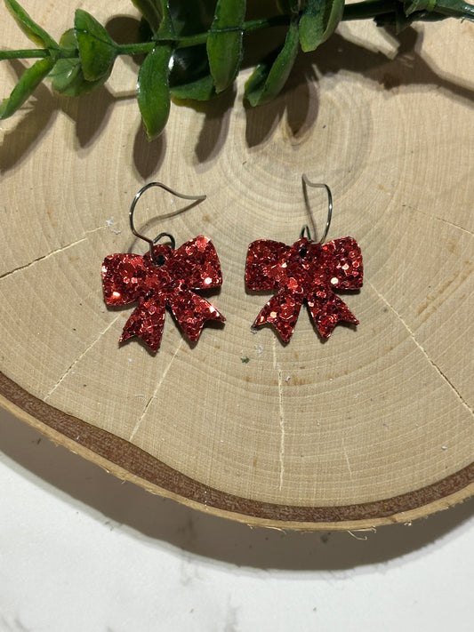 Mini Bow Earrings - Red Glitter