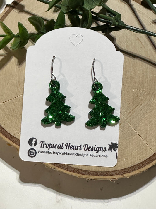 Mini Tree Earrings - Green Glitter