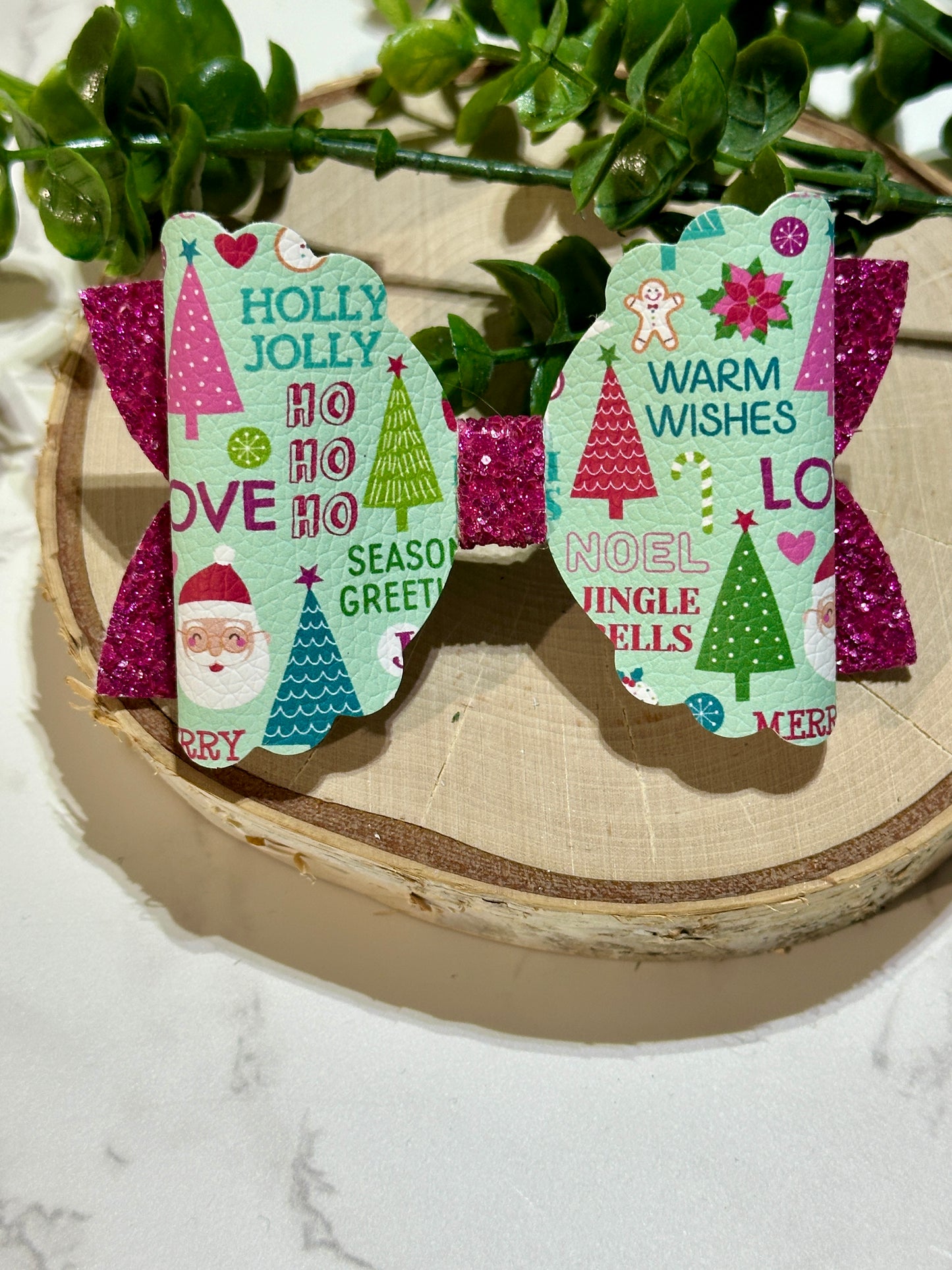 Green Christmas/Pink Glitter Hairbow