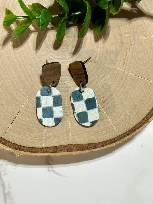 Mini Oval/Connector Earrings - Teal Checkered