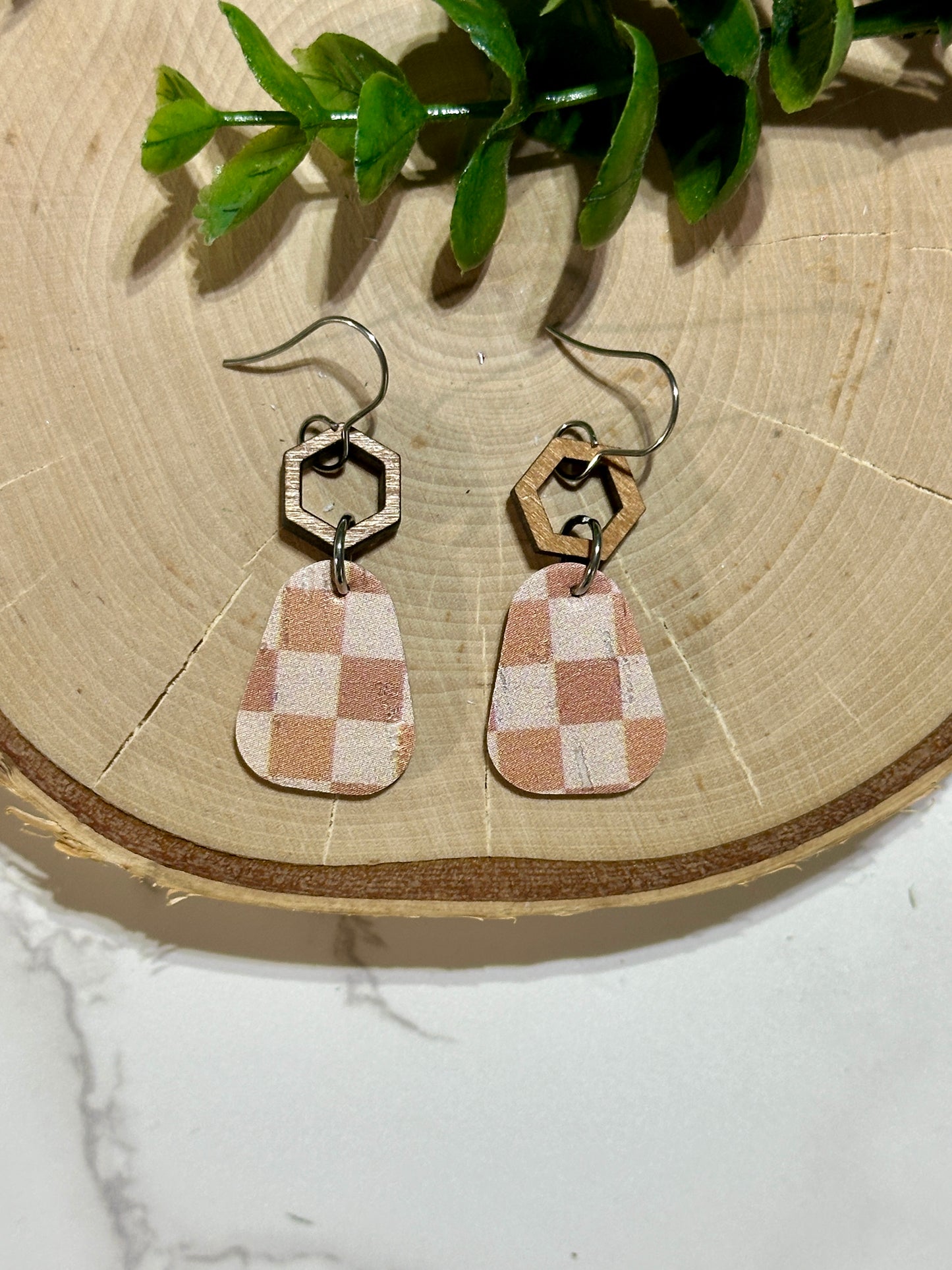 Mini Rounded Triangle/Connector Earrings - Rust Checkered
