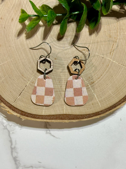 Mini Rounded Triangle/Connector Earrings - Rust Checkered